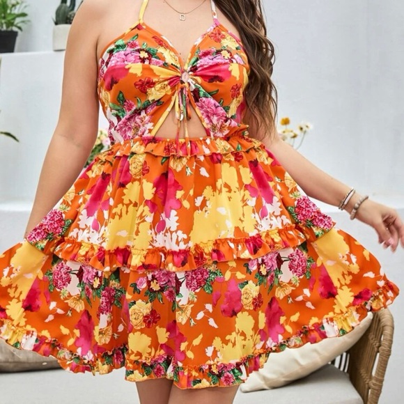 Plus floral print front tie backless ruffle hem cut out dress - Picture 2 of 2